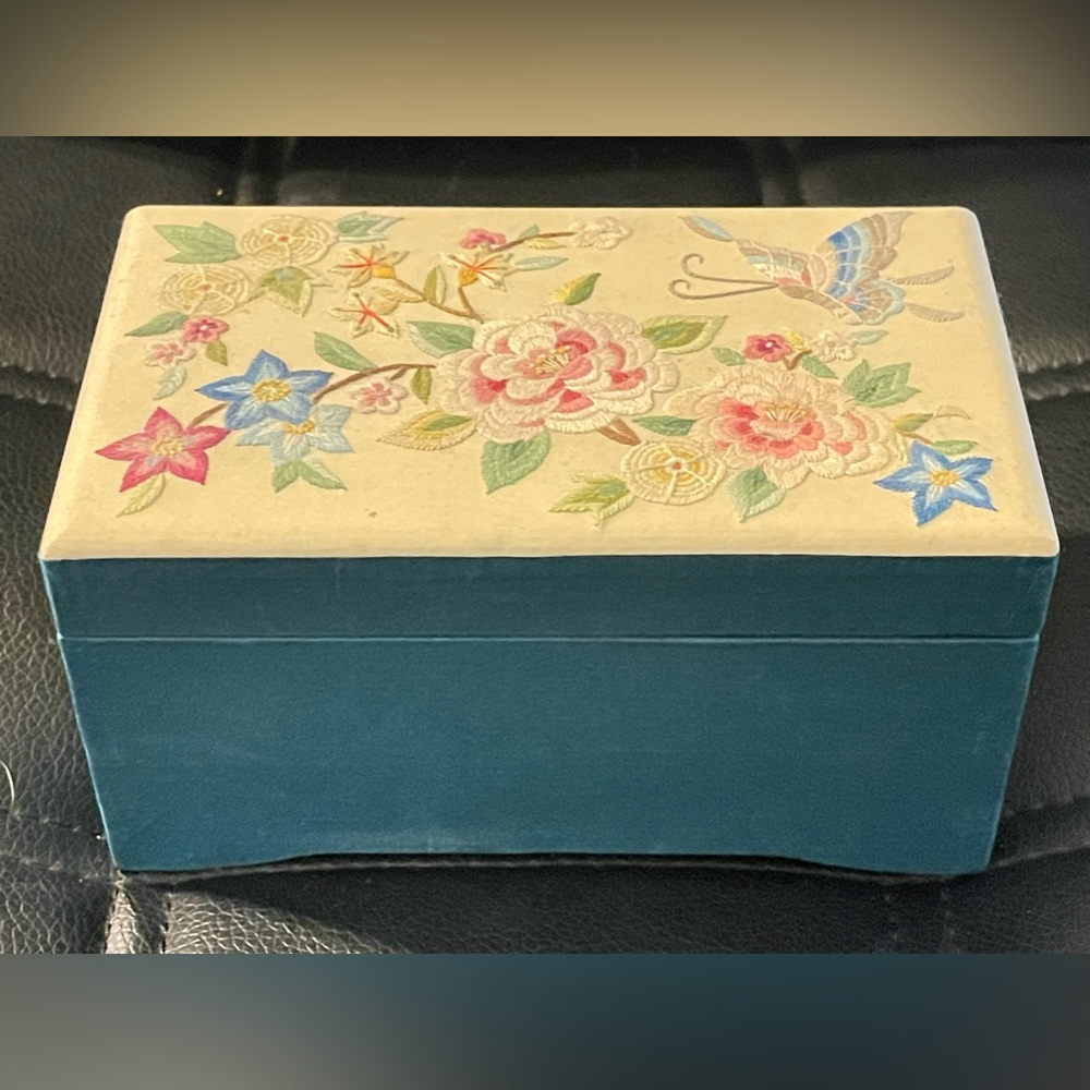 Vintage Fabric With Floral And Butterfly
Embroidery Musical Jewelry Box